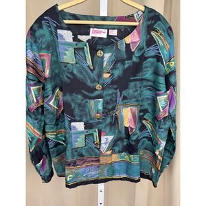 Penny Lane Vintage 90s Abstract Geometric Rayon Blouse‎ Womens Small